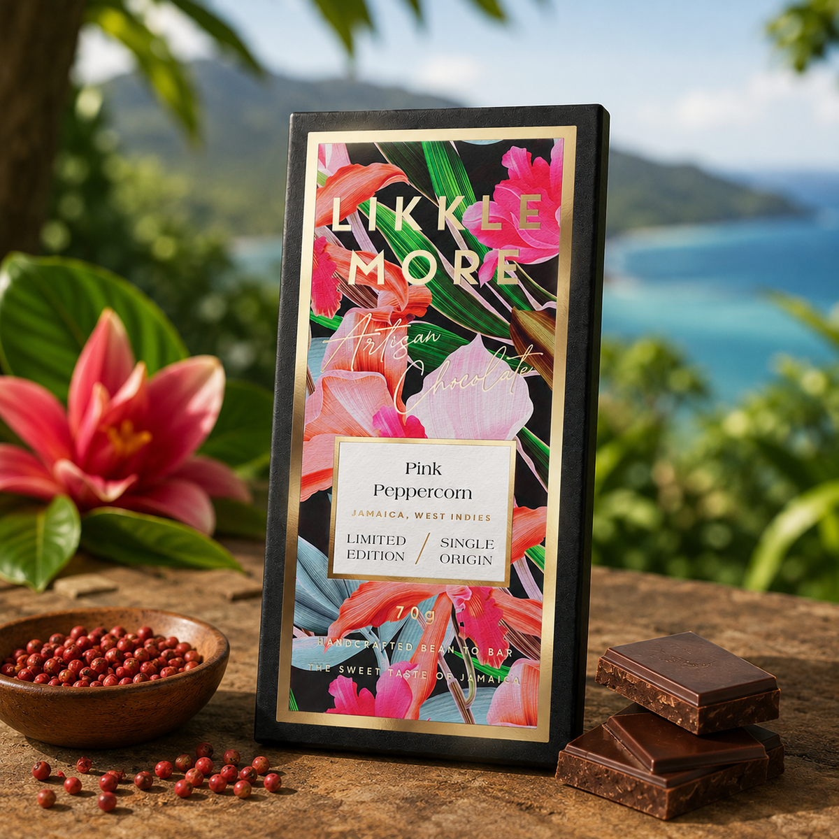 70% Dark Chocolate with Pink Peppercorn | Single-Origin Jamaican Vegan Chocolate | Gold Award Winner