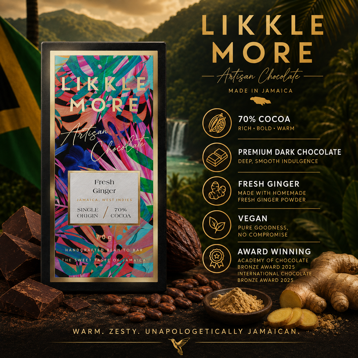 70% Dark Chocolate with Fresh Ginger | Single-Origin Jamaican Vegan Chocolate | Award-Winning