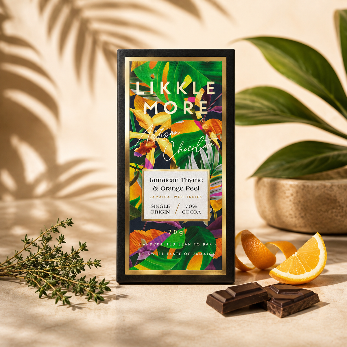 70% Dark Chocolate with Jamaican Thyme & Candied Orange Peel | Single-Origin Jamaican Vegan Chocolate | Award-Winning