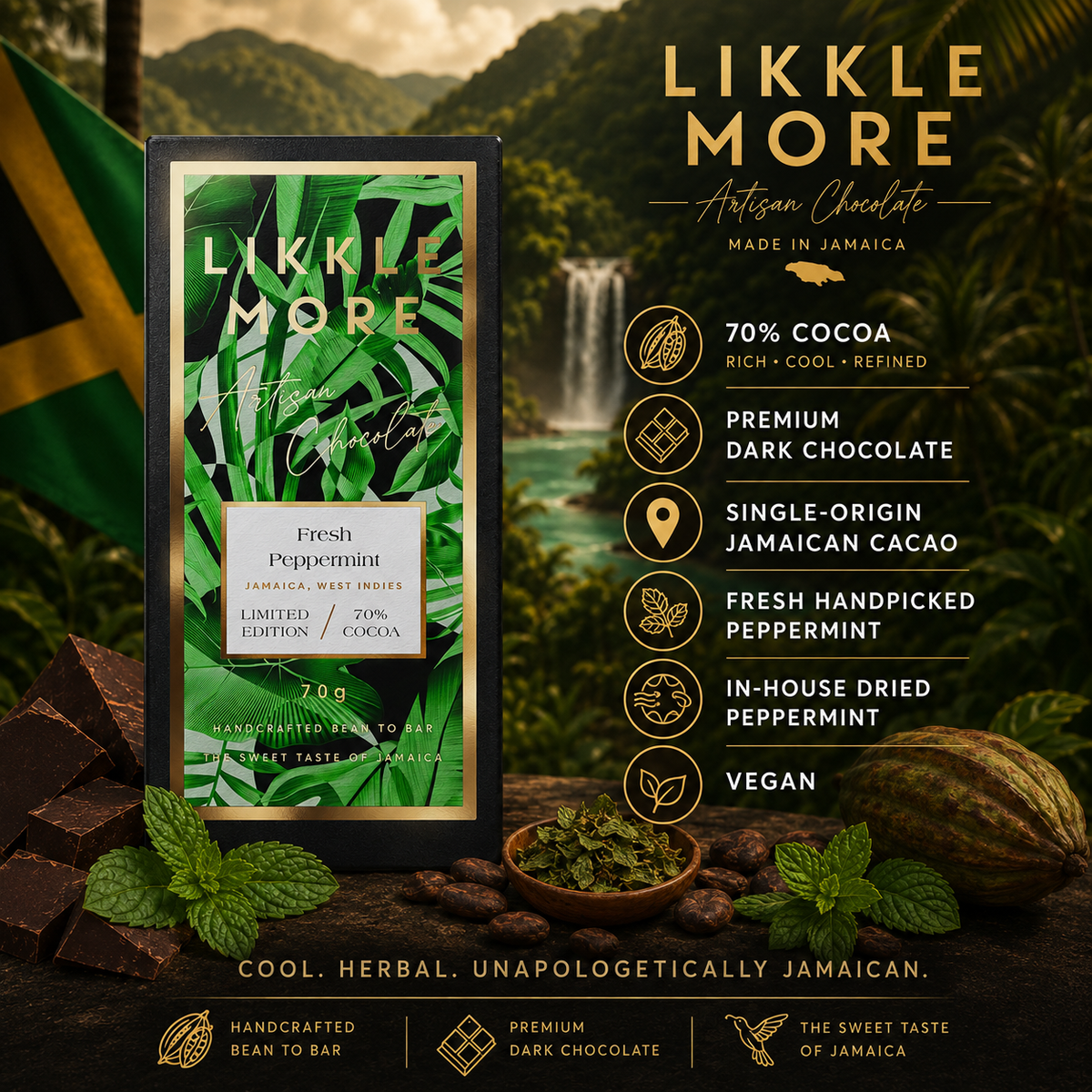 70% Dark Chocolate with Fresh Peppermint | Single-Origin Jamaican Vegan Chocolate